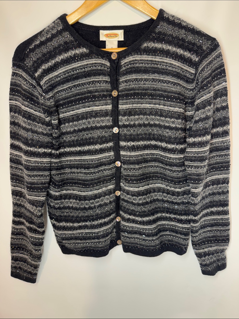 Talbots Lambswool Angora Cashmere Cardigan Sweater S Gray Striped Beaded Nordic